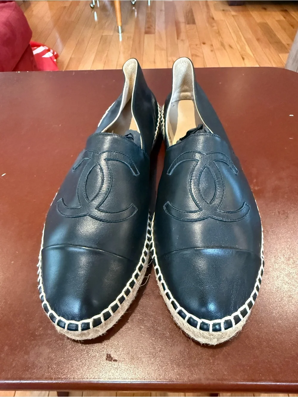 Authentic Chanel Black Leather Espadrille Slip-On Shoes